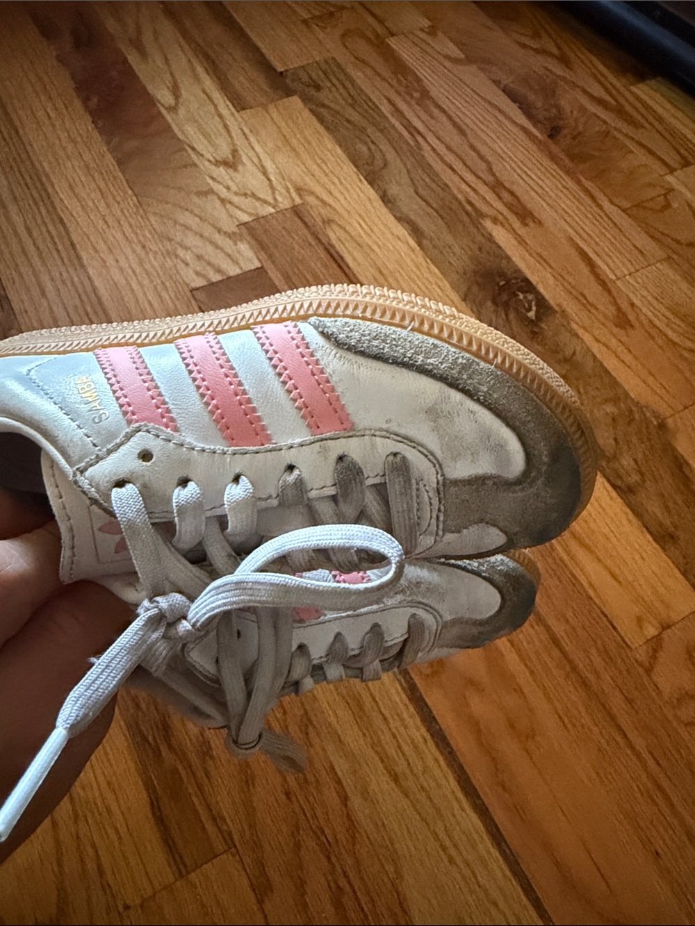 adidas Kids Samba Sneaker in White with Pink Stripes and Gum Sole - Picture 6 of 9